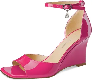 Oh Mispares Black Wedge Heels for Women Square Toe Sandals Ankle Strap 3.5 Inch Elegant Wedding Sandals for Brides