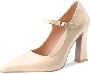 Oh Mispares Women’s Pointed Toe Pumps Mary Jane Chunky Heel Closed Toe Heels Adjustable Strap Elegant Wedding Prom Office 4 Inch Dress Shoes