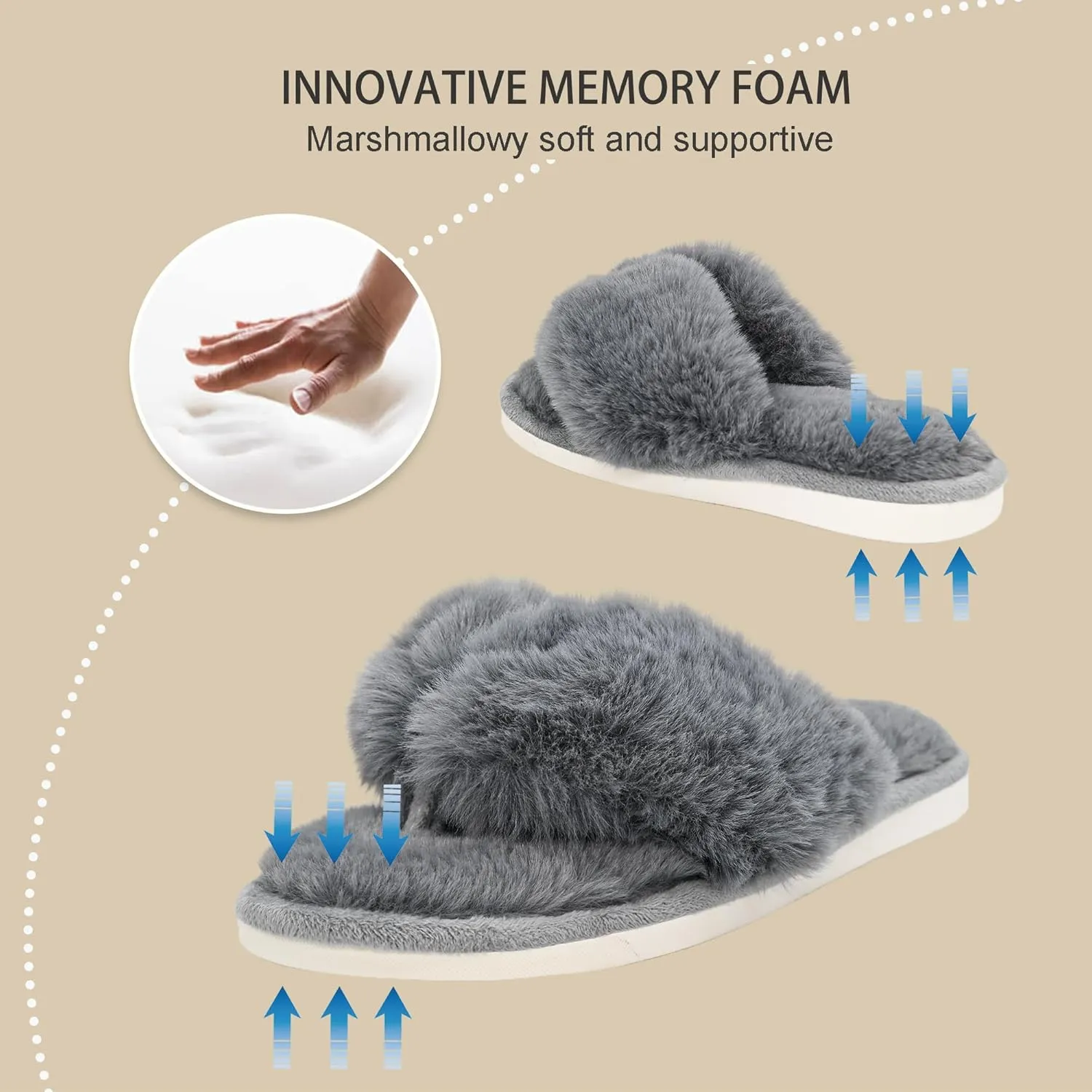 Onmygogo Plush Indoor Flip Flop Thong Slippers for Women Open Toe, Fuzzy Faux Fur Spa House Slippers