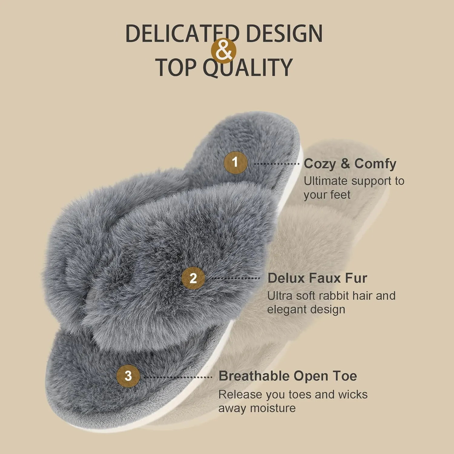 Onmygogo Plush Indoor Flip Flop Thong Slippers for Women Open Toe, Fuzzy Faux Fur Spa House Slippers