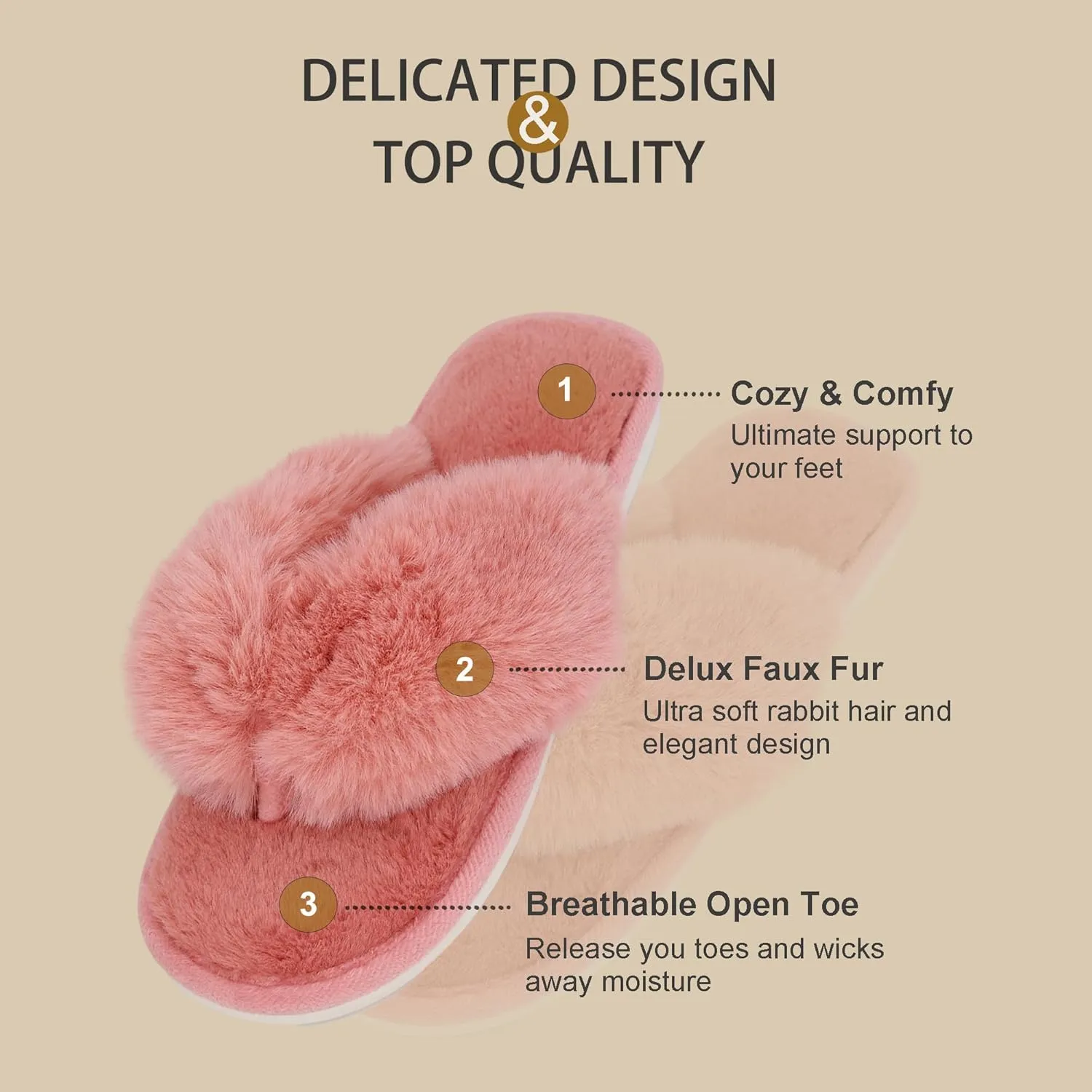Onmygogo Plush Indoor Flip Flop Thong Slippers for Women Open Toe, Fuzzy Faux Fur Spa House Slippers