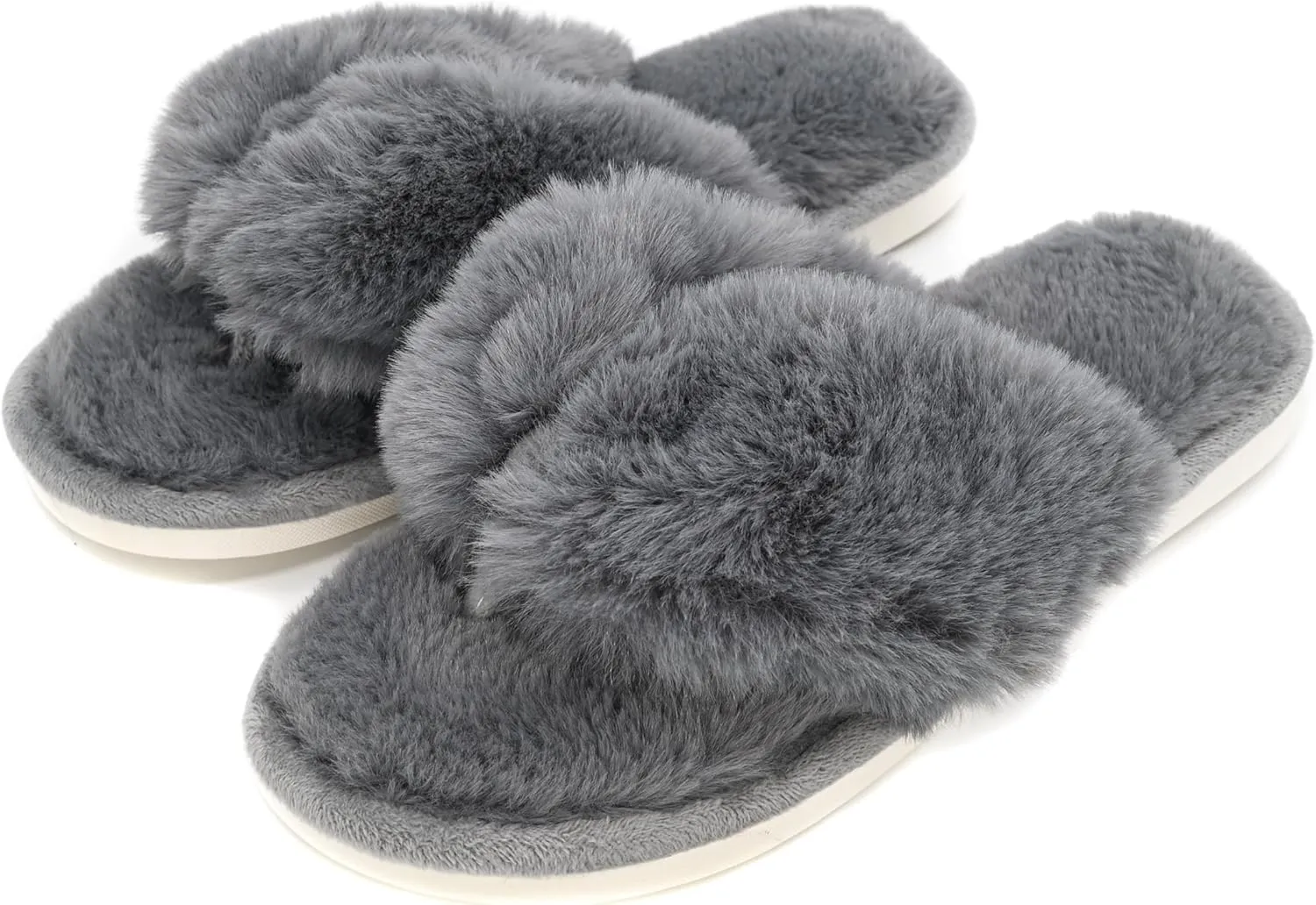 Onmygogo Plush Indoor Flip Flop Thong Slippers for Women Open Toe, Fuzzy Faux Fur Spa House Slippers