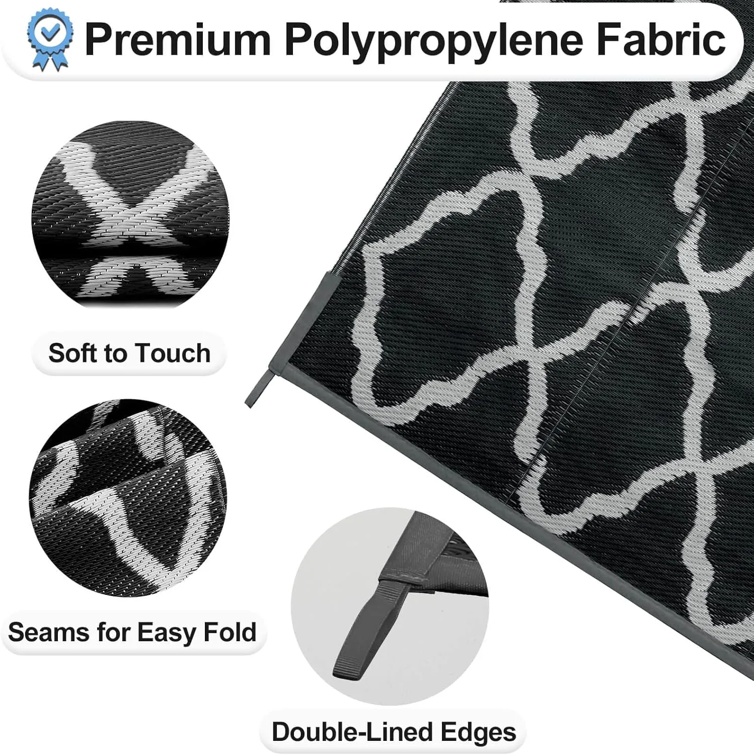OutdoorLines Outdoor Plastic Area Rugs for Patio 9x12 ft - Reversible Outside Carpet, Stain & UV Resistant RV Mats, Straw Rug for Camping, Deck Garden, Porch and Balcony, Moroccan Black & Light Grey