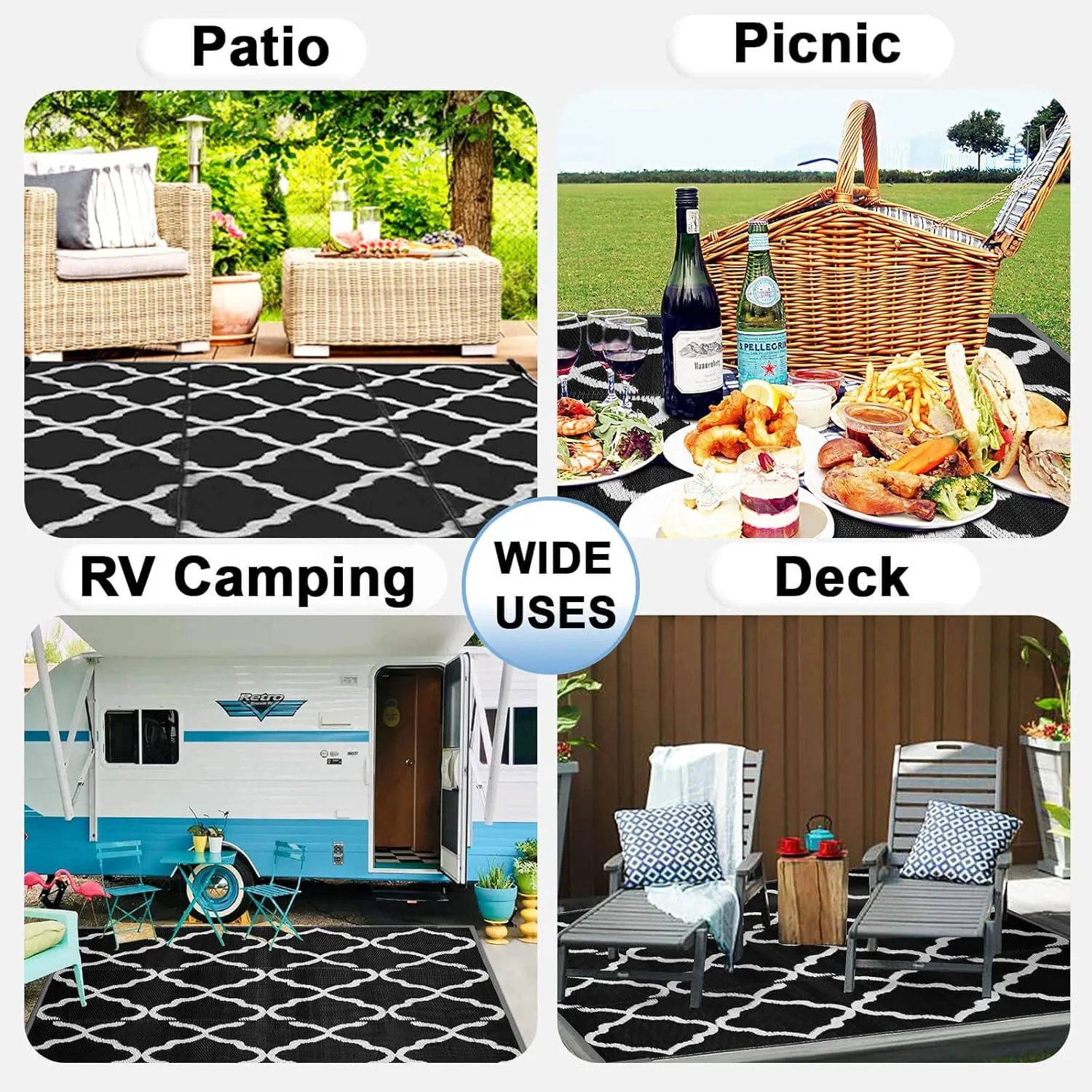 OutdoorLines Outdoor Plastic Area Rugs for Patio 9x12 ft - Reversible Outside Carpet, Stain & UV Resistant RV Mats, Straw Rug for Camping, Deck Garden, Porch and Balcony, Moroccan Black & Light Grey
