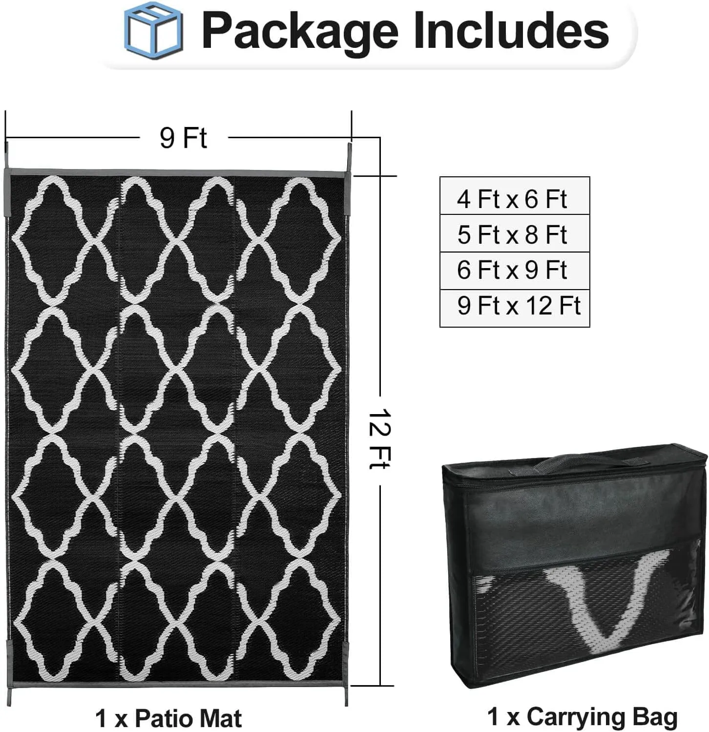 OutdoorLines Outdoor Plastic Area Rugs for Patio 9x12 ft - Reversible Outside Carpet, Stain & UV Resistant RV Mats, Straw Rug for Camping, Deck Garden, Porch and Balcony, Moroccan Black & Light Grey