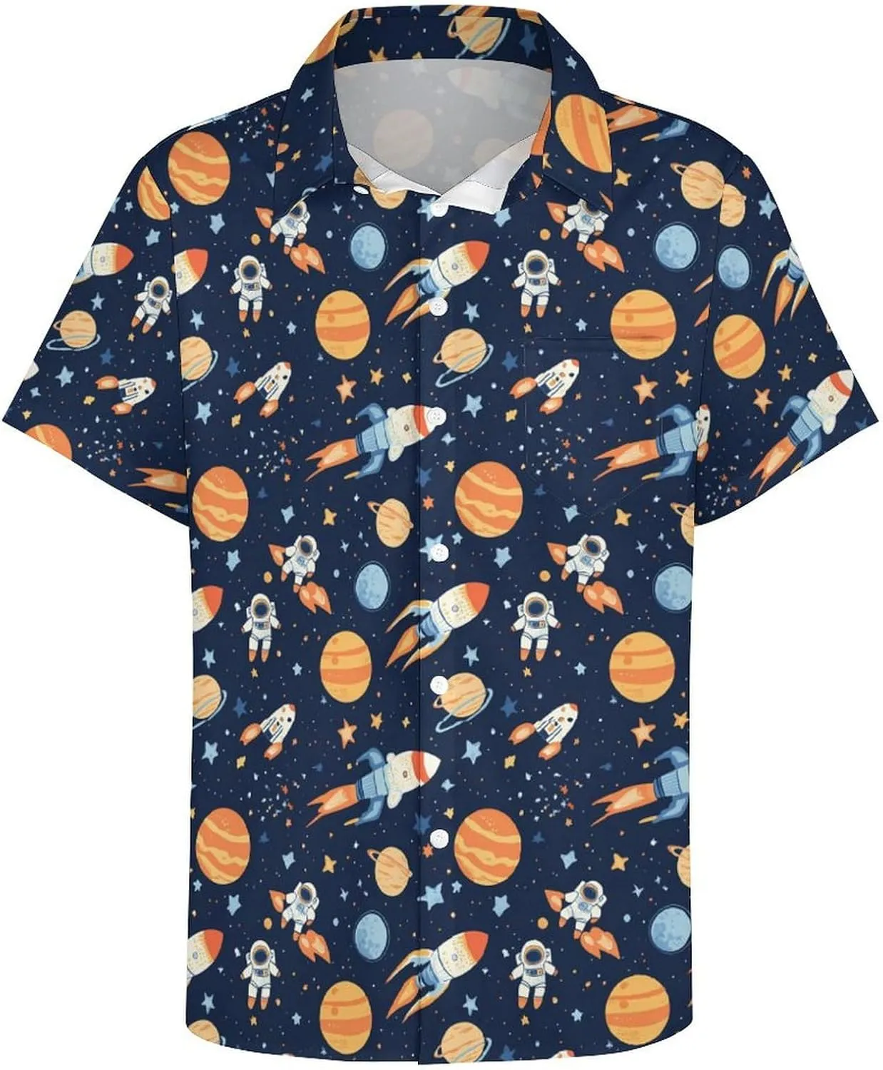 Outer-Space Astronaut Rocket Hawaiian Shirt for Men Short Sleeve Beach Shirts Casual Beach Party Clothing Tops