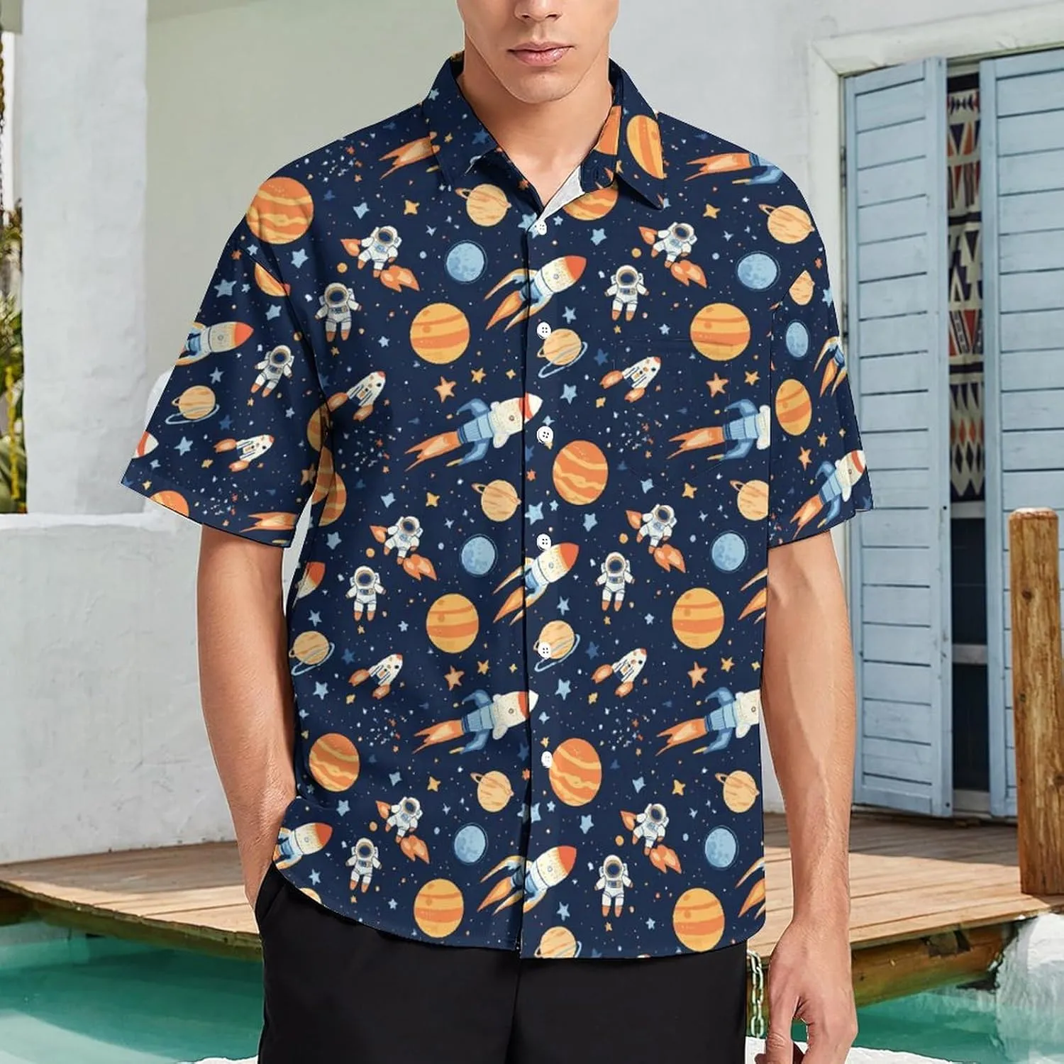 Outer-Space Astronaut Rocket Hawaiian Shirt for Men Short Sleeve Beach Shirts Casual Beach Party Clothing Tops