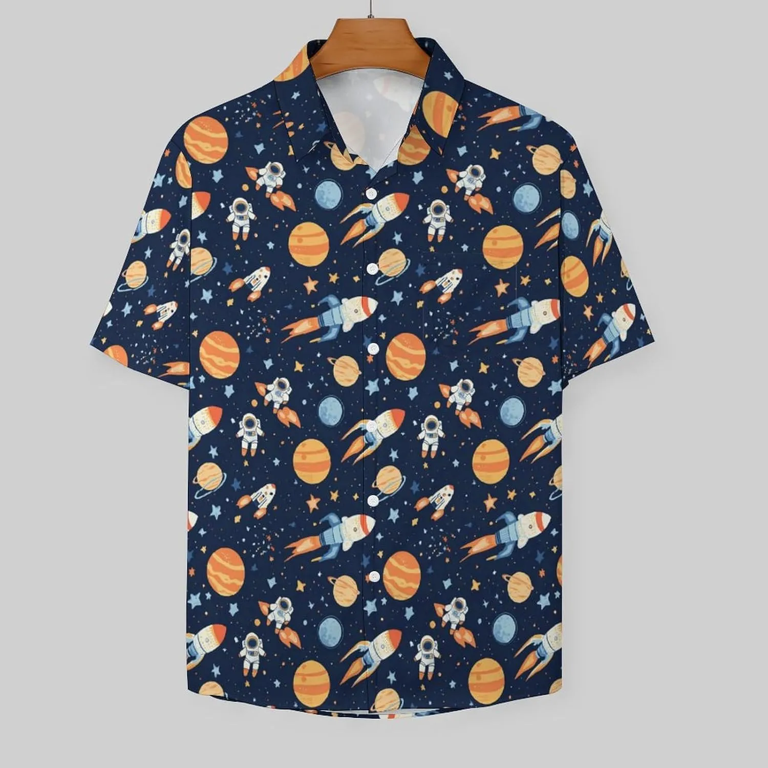 Outer-Space Astronaut Rocket Hawaiian Shirt for Men Short Sleeve Beach Shirts Casual Beach Party Clothing Tops
