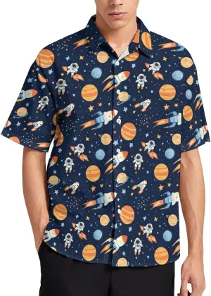 Outer-Space Astronaut Rocket Hawaiian Shirt for Men Short Sleeve Beach Shirts Casual Beach Party Clothing Tops