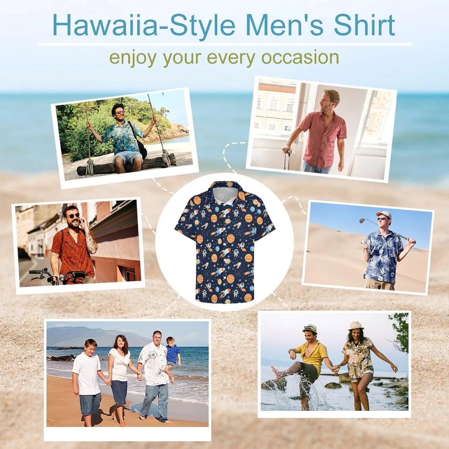 Outer-Space Astronaut Rocket Hawaiian Shirt for Men Short Sleeve Beach Shirts Casual Beach Party Clothing Tops