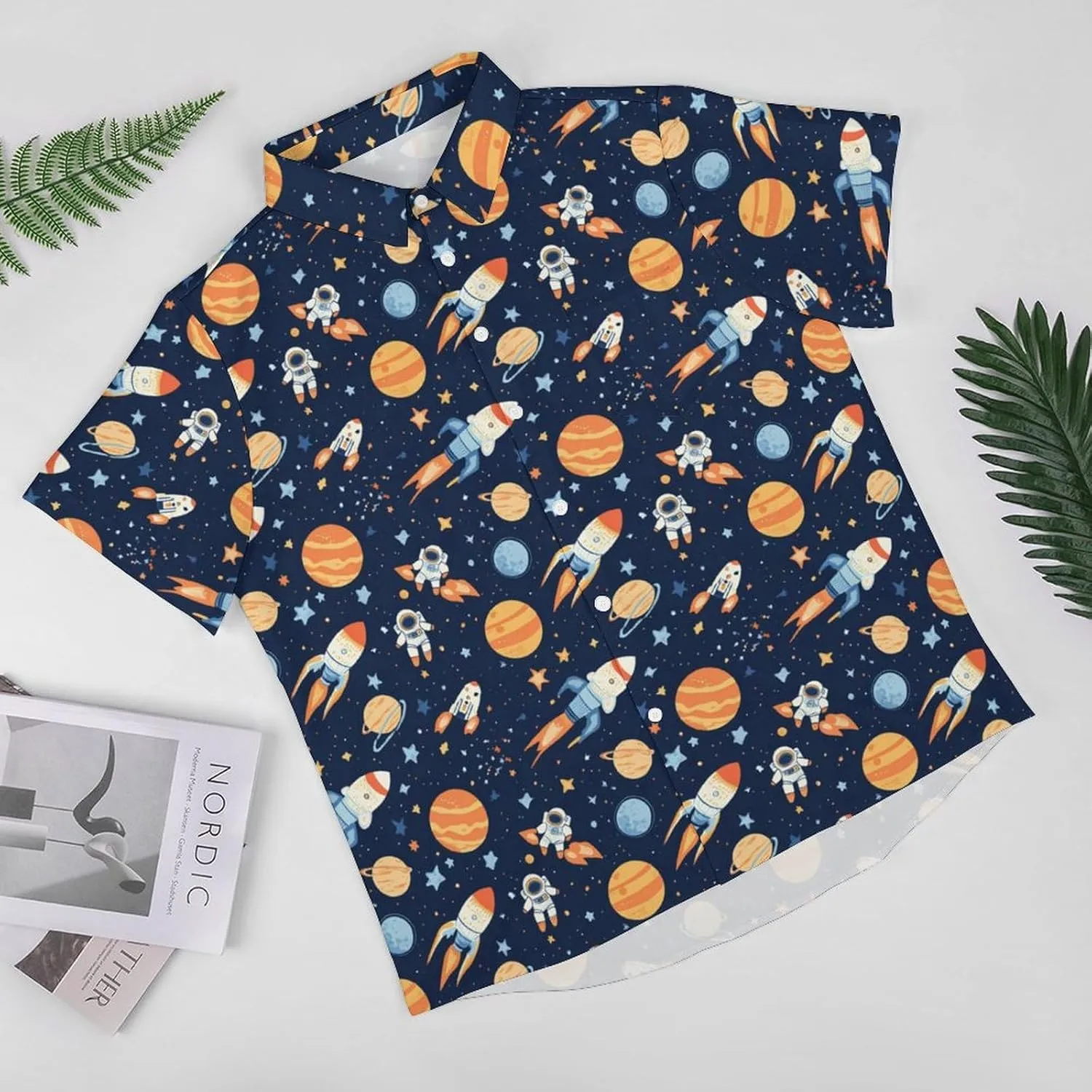 Outer-Space Astronaut Rocket Hawaiian Shirt for Men Short Sleeve Beach Shirts Casual Beach Party Clothing Tops