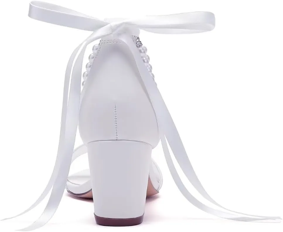 Pearl Wedding Shoes Open Toe Block Heel Wedding Sandals Chunky Heel Bridal Shoes