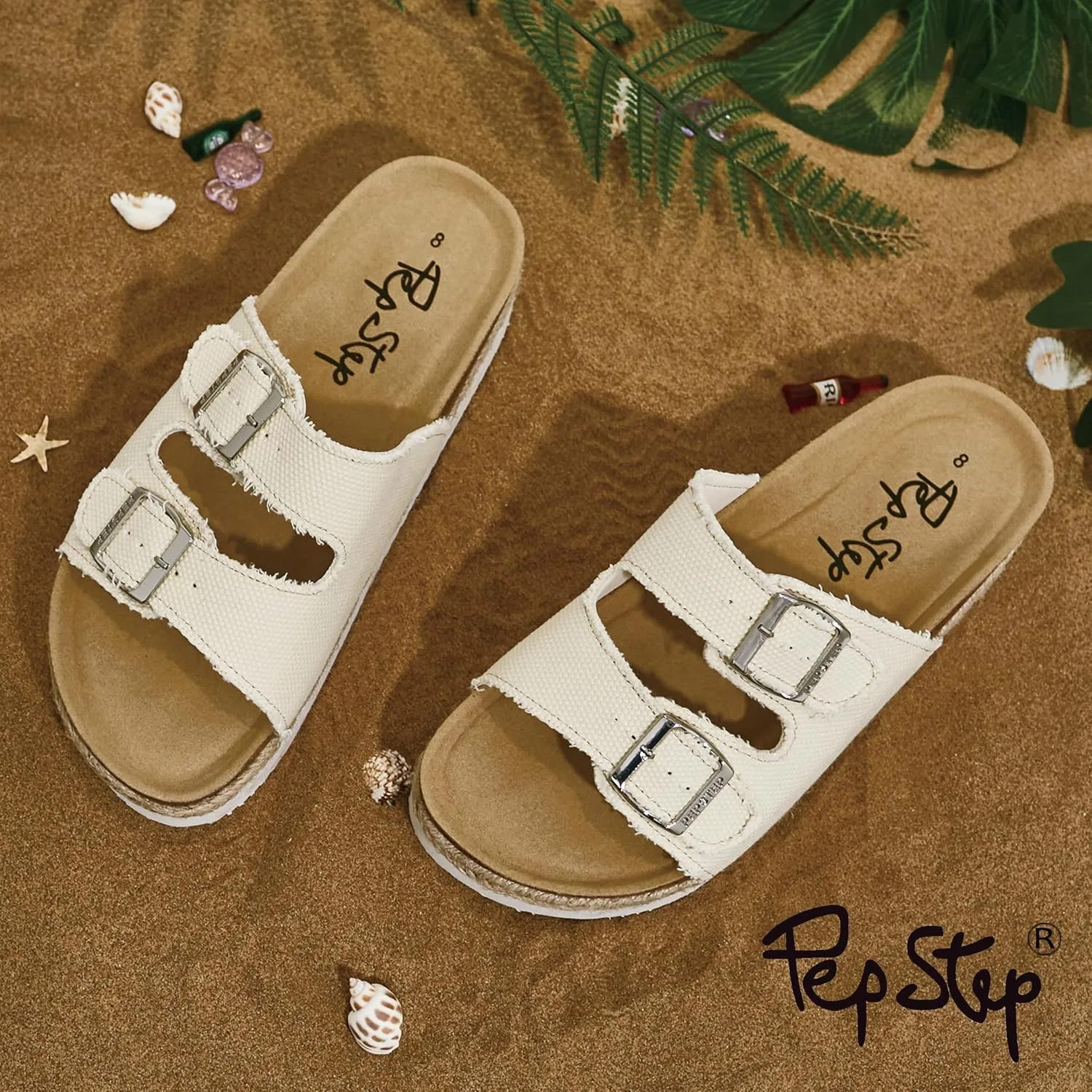 PepStep Slide Sandals for Women with Soft Cork Footbed and Strap, Ladies Fashion Platform Slide Sandals Comfortable Slip On Style