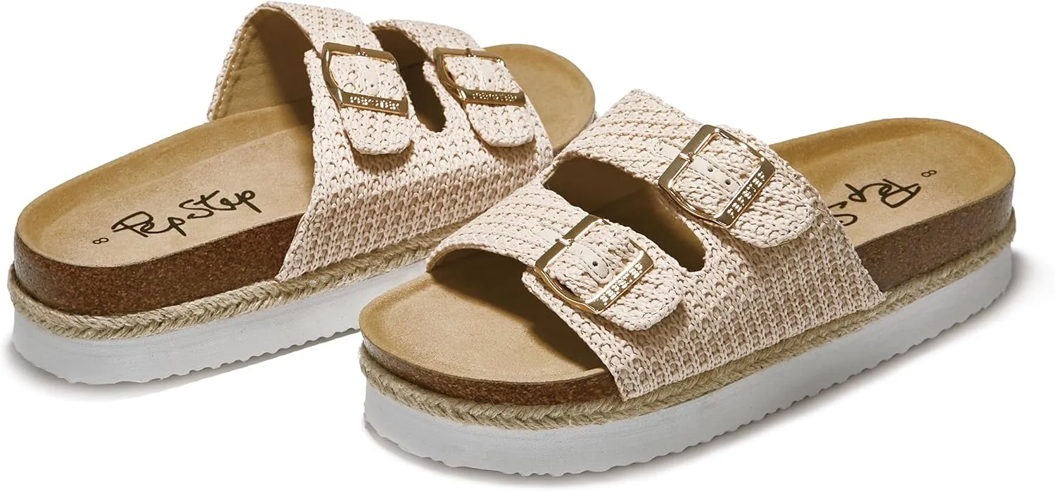 PepStep Slide Sandals for Women with Soft Cork Footbed and Strap, Ladies Fashion Platform Slide Sandals Comfortable Slip On Style