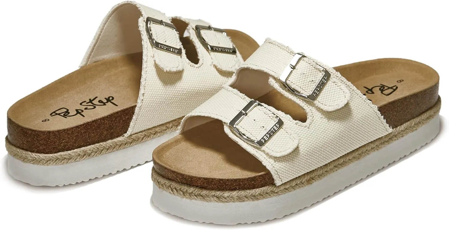 PepStep Slide Sandals for Women with Soft Cork Footbed and Strap, Ladies Fashion Platform Slide Sandals Comfortable Slip On Style