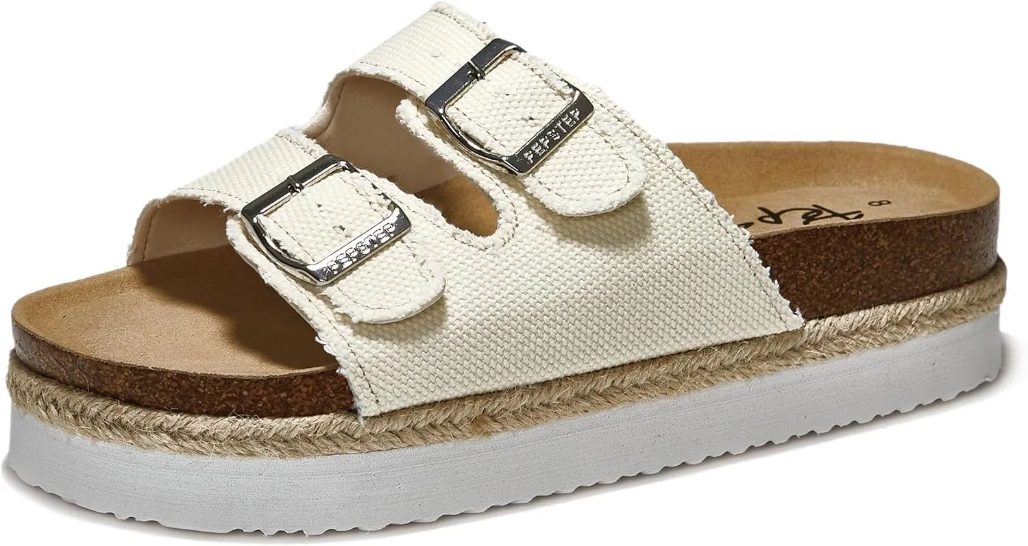 PepStep Slide Sandals for Women with Soft Cork Footbed and Strap, Ladies Fashion Platform Slide Sandals Comfortable Slip On Style