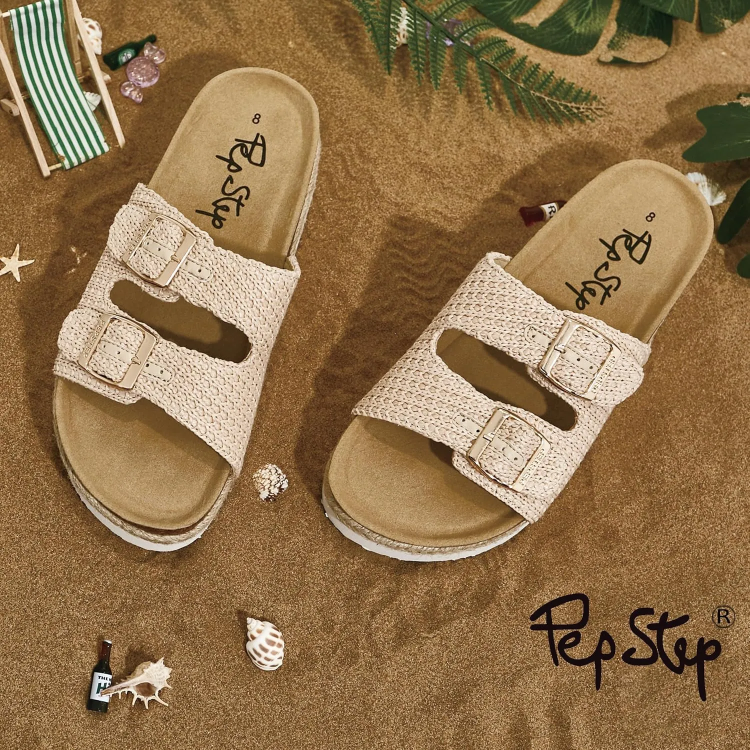 PepStep Slide Sandals for Women with Soft Cork Footbed and Strap, Ladies Fashion Platform Slide Sandals Comfortable Slip On Style