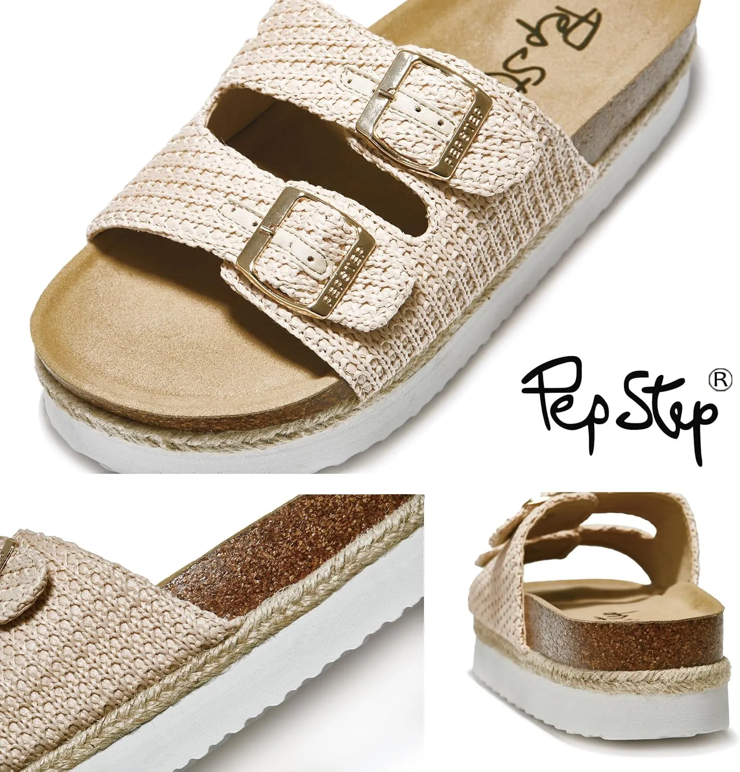 PepStep Slide Sandals for Women with Soft Cork Footbed and Strap, Ladies Fashion Platform Slide Sandals Comfortable Slip On Style