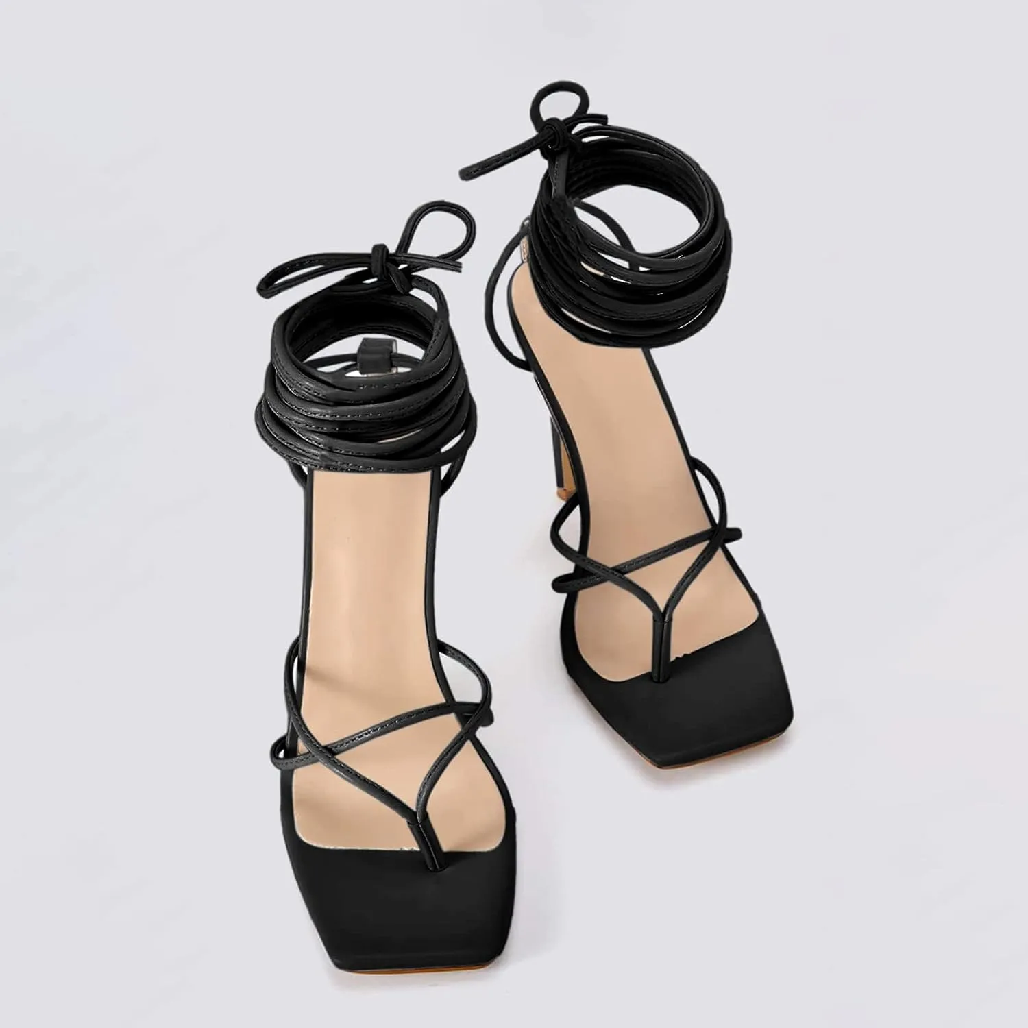 PiePieBuy Women's Lace Up Heeled Sandals Square Flip Flop High Heels Strappy Party Shoes