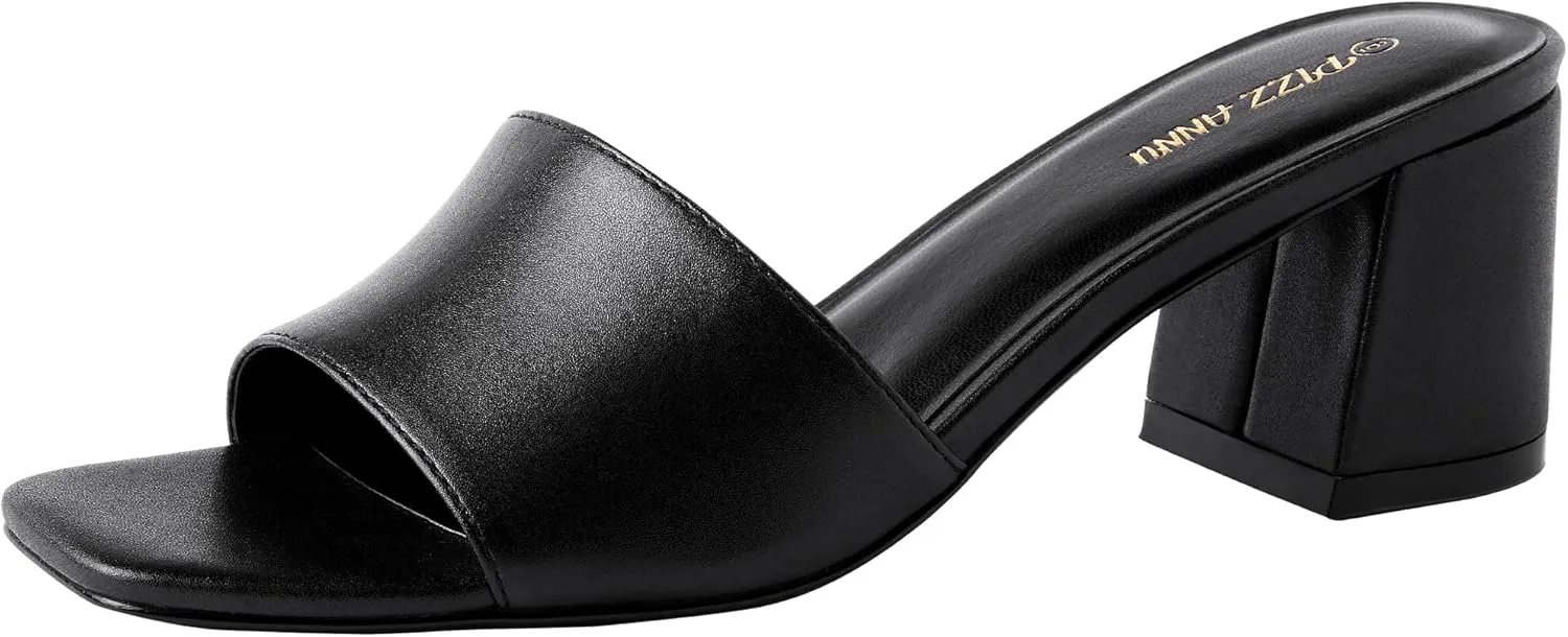PIZZ ANNU Women's Square Open Toe Heels Sandals Low Block Chunky Heeled Sandal Slip on Mules Comfortable Casual Dress Pumps Shoes