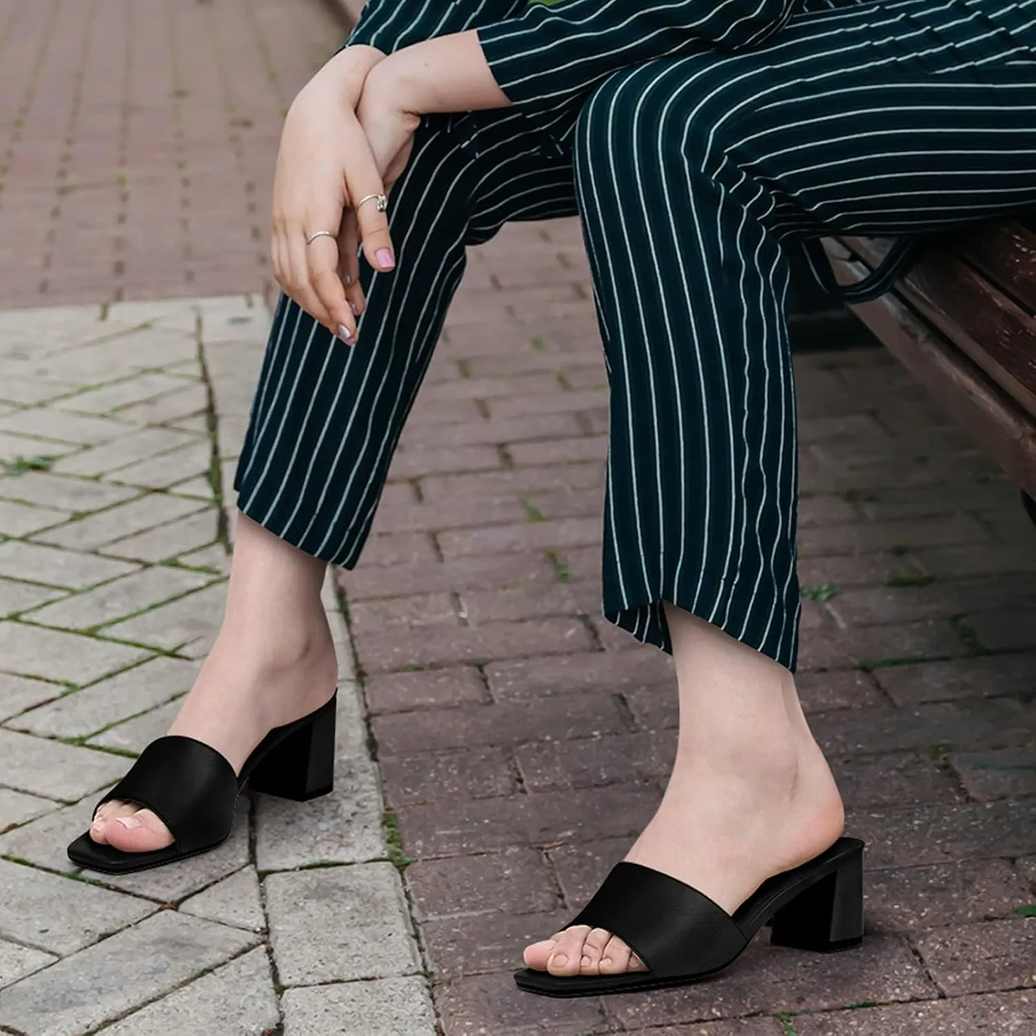 PIZZ ANNU Women's Square Open Toe Heels Sandals Low Block Chunky Heeled Sandal Slip on Mules Comfortable Casual Dress Pumps Shoes