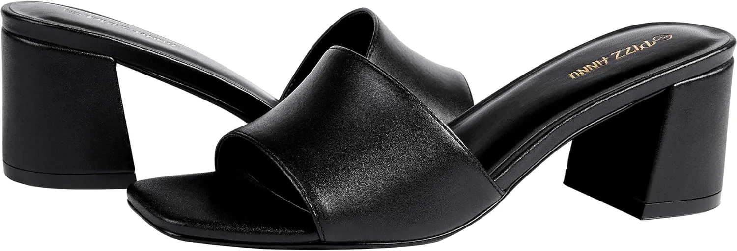 PIZZ ANNU Women's Square Open Toe Heels Sandals Low Block Chunky Heeled Sandal Slip on Mules Comfortable Casual Dress Pumps Shoes