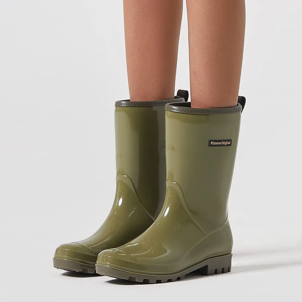planone Mid Calf Waterproof Rain Boots For Women Anti-Slipping Garden Shoes Comfortable Insoles Stylish Light Rain Shoes Outdoor Work Shoes
