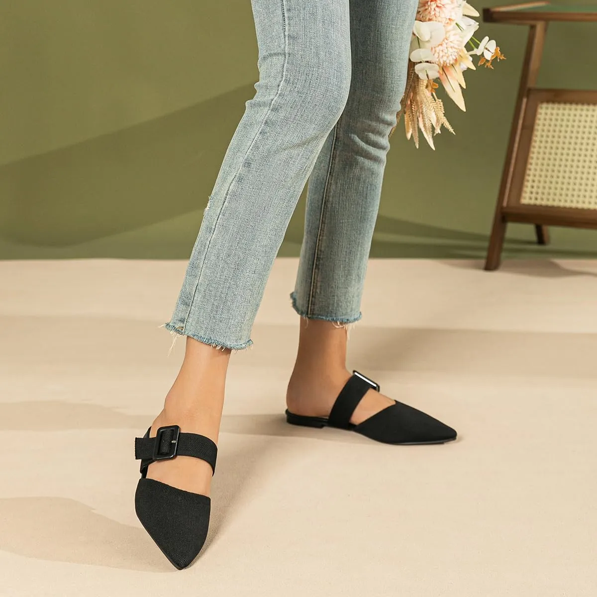 Pointed Toe Mules for Women Flats，Slip On Mules Backless，Wide Width Mules，Mule Slides Flats Sandals