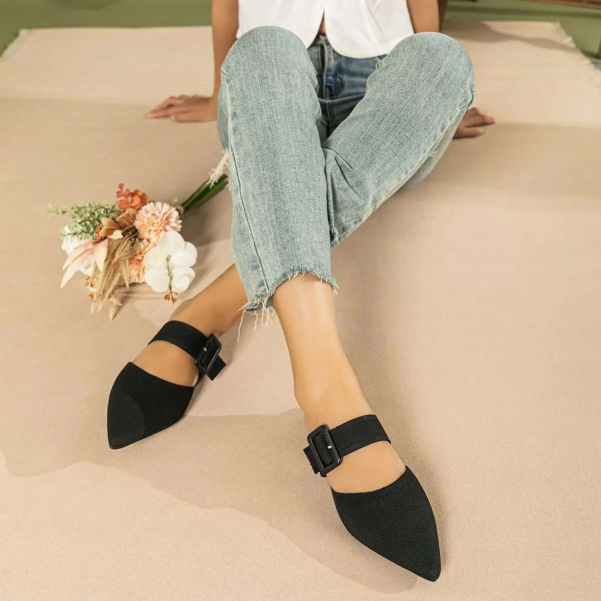 Pointed Toe Mules for Women Flats，Slip On Mules Backless，Wide Width Mules，Mule Slides Flats Sandals