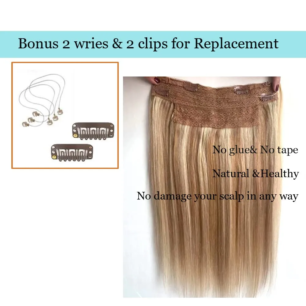 Real Human Hair Clip in Extensions, Invisible Fish Line Wire Hairpieces, Ombre Balayage Light Blonde to Golden Blonde Highlights 18Inch 80Gram Straight Flip in Hair Extensions