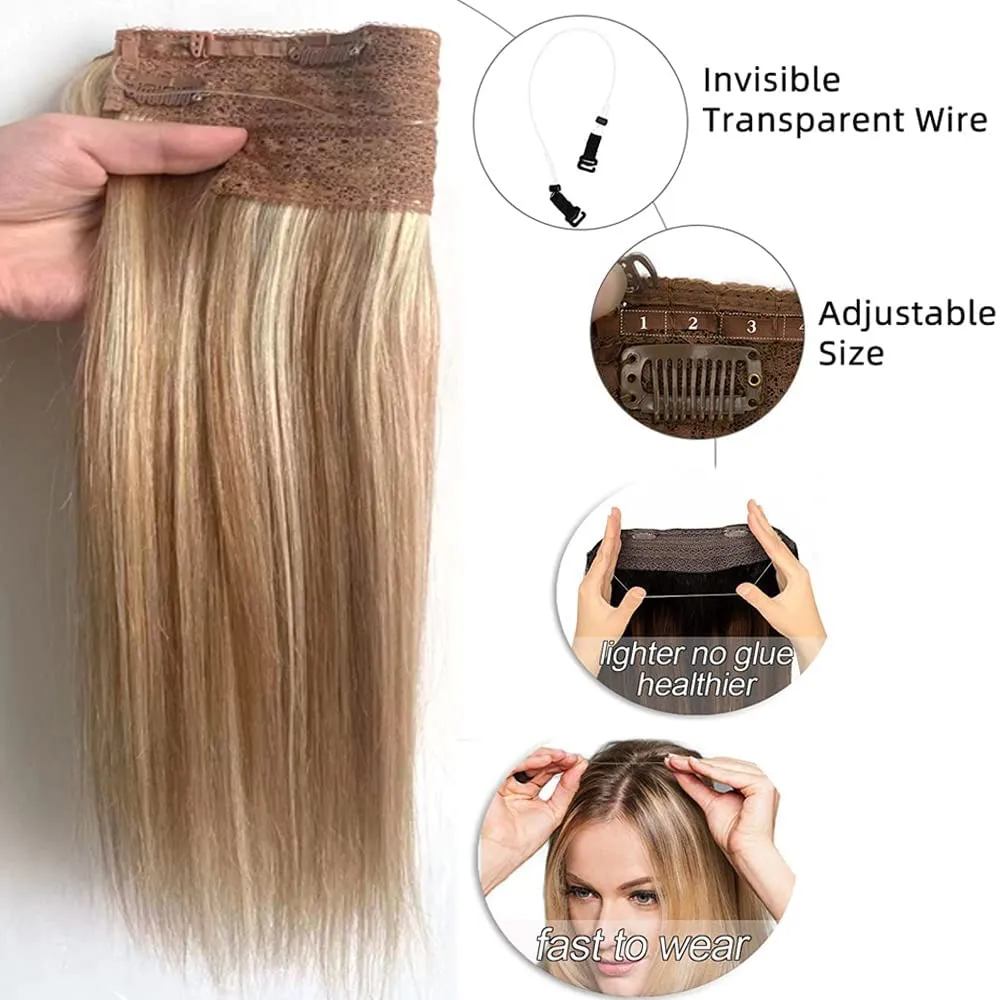 Real Human Hair Clip in Extensions, Invisible Fish Line Wire Hairpieces, Ombre Balayage Light Blonde to Golden Blonde Highlights 18Inch 80Gram Straight Flip in Hair Extensions
