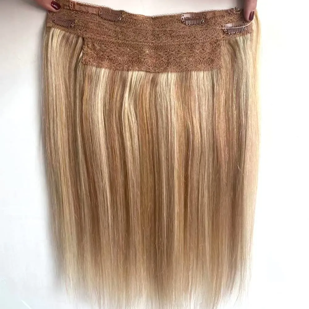 Real Human Hair Clip in Extensions, Invisible Fish Line Wire Hairpieces, Ombre Balayage Light Blonde to Golden Blonde Highlights 18Inch 80Gram Straight Flip in Hair Extensions