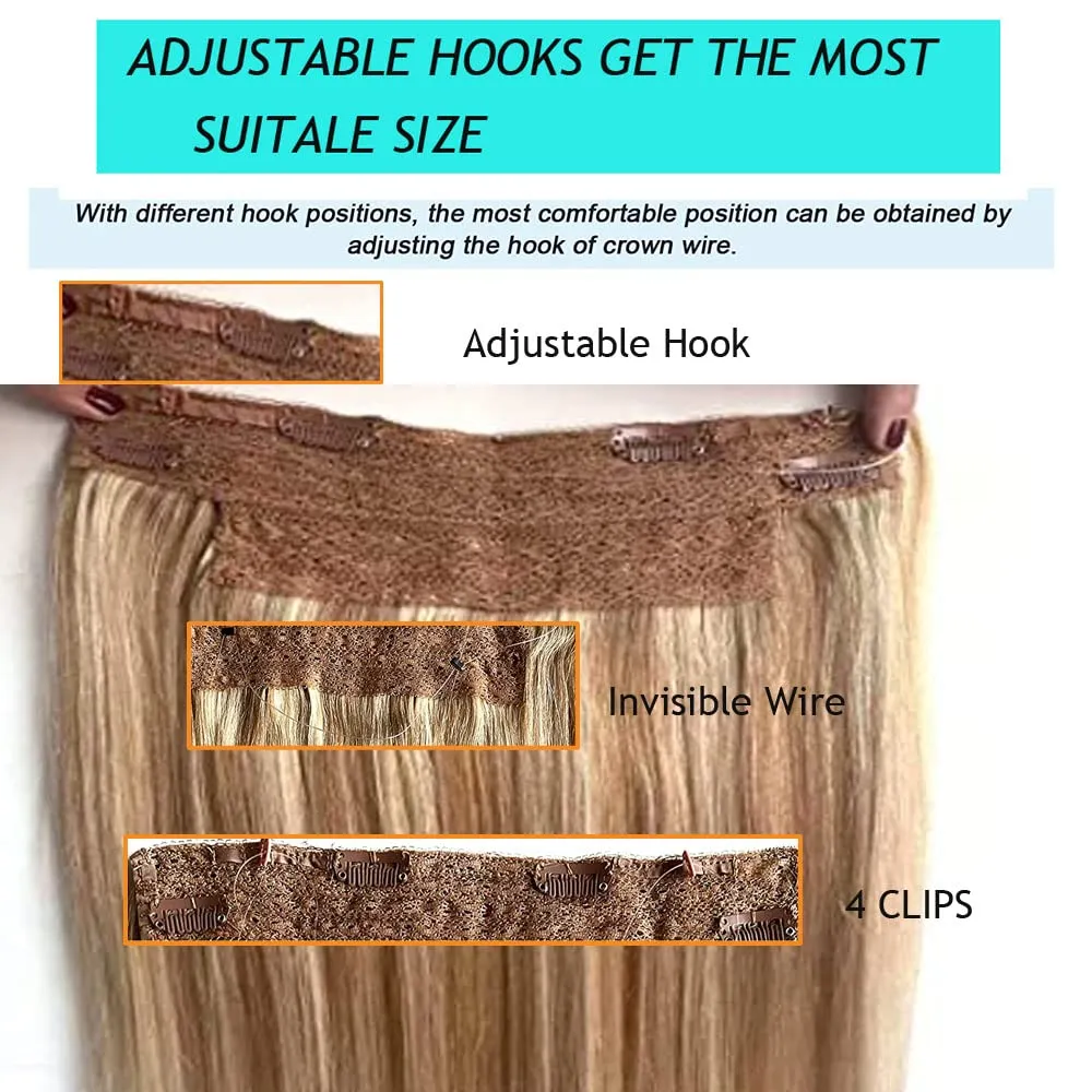 Real Human Hair Clip in Extensions, Invisible Fish Line Wire Hairpieces, Ombre Balayage Light Blonde to Golden Blonde Highlights 18Inch 80Gram Straight Flip in Hair Extensions