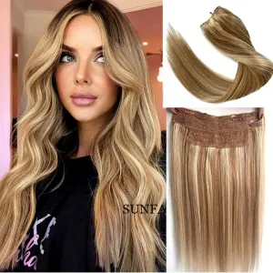 Real Human Hair Clip in Extensions, Invisible Fish Line Wire Hairpieces, Ombre Balayage Light Blonde to Golden Blonde Highlights 18Inch 80Gram Straight Flip in Hair Extensions