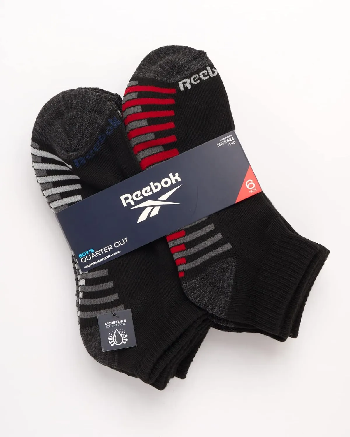 Reebok Boys' Quarter Socks - 6 Pack Stretch Performance Quarter Cut Arch Support Socks - Cushioned Athletic Socks for Boys