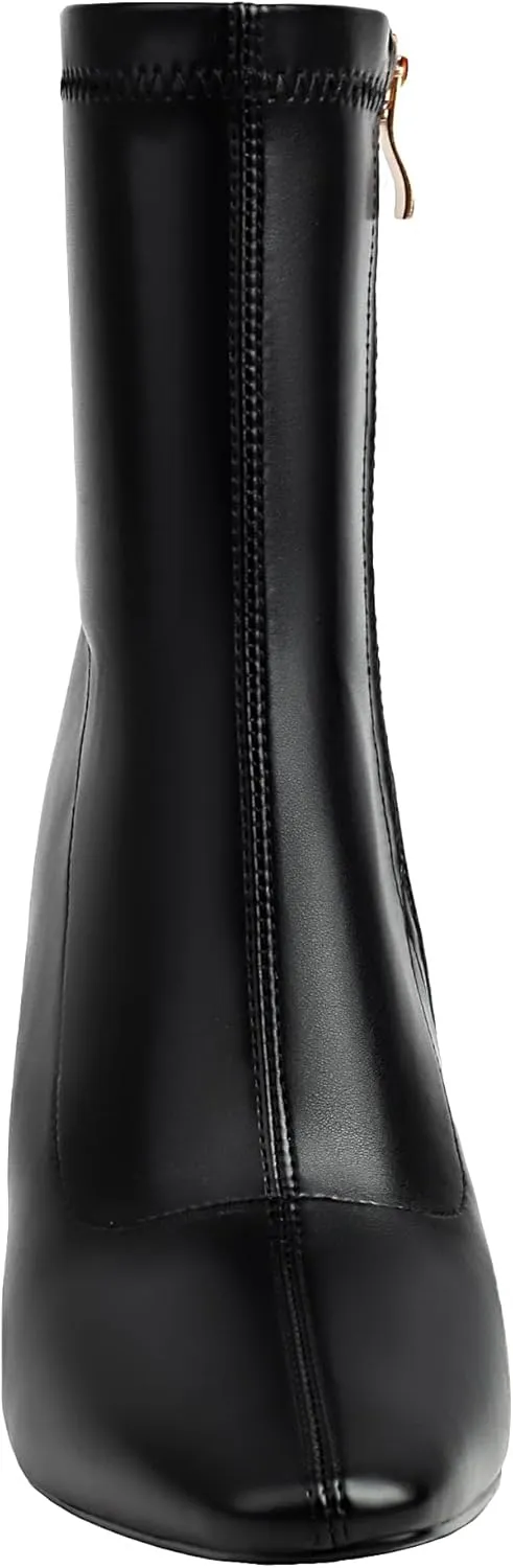 Reitoye Women's Ankle Boots Metallic Chunky Block Heel Square Toe Zipper Mid Calf Boots