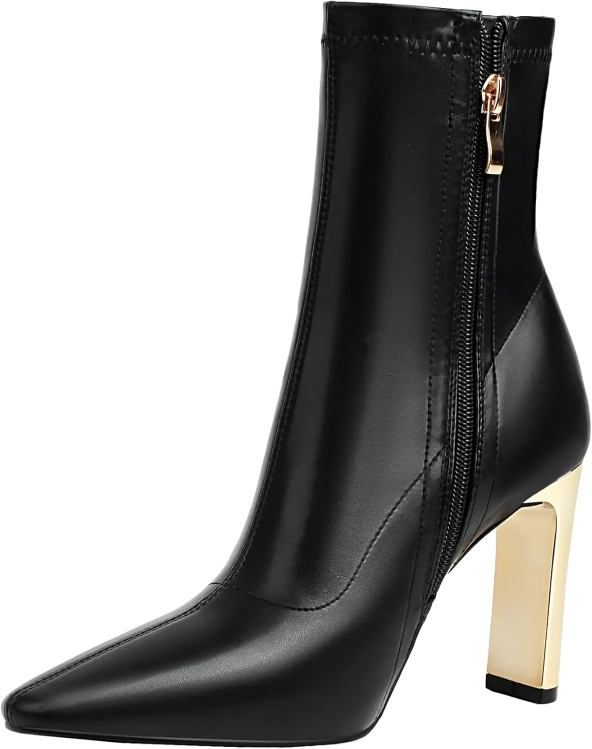 Reitoye Women's Ankle Boots Metallic Chunky Block Heel Square Toe Zipper Mid Calf Boots