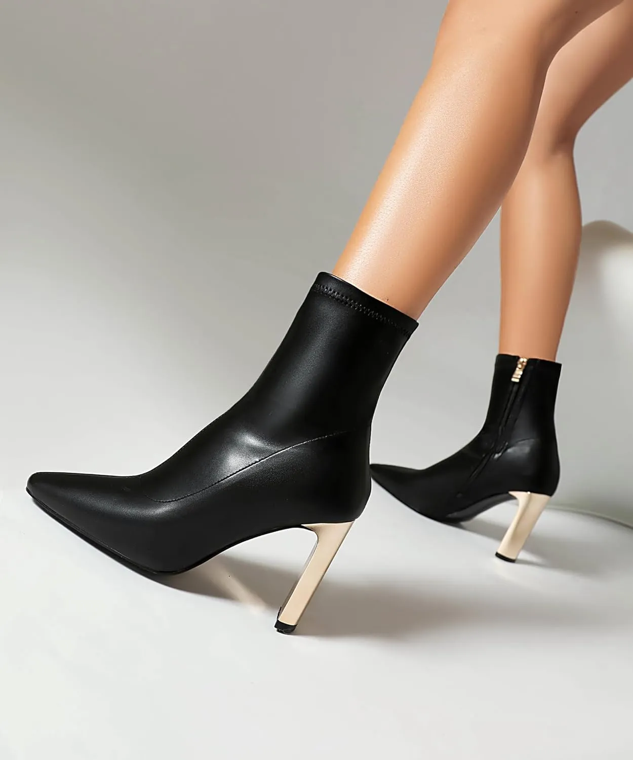 Reitoye Women's Ankle Boots Metallic Chunky Block Heel Square Toe Zipper Mid Calf Boots