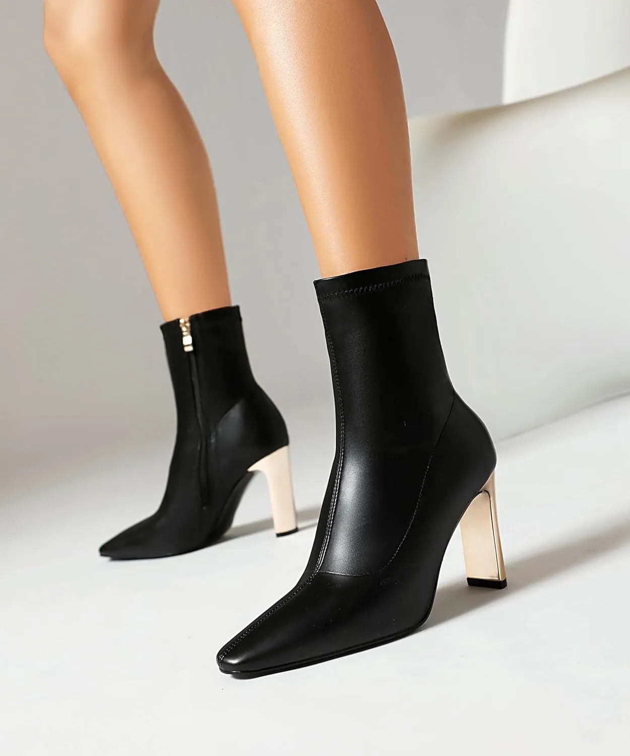 Reitoye Women's Ankle Boots Metallic Chunky Block Heel Square Toe Zipper Mid Calf Boots
