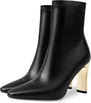 Reitoye Women's Ankle Boots Metallic Chunky Block Heel Square Toe Zipper Mid Calf Boots