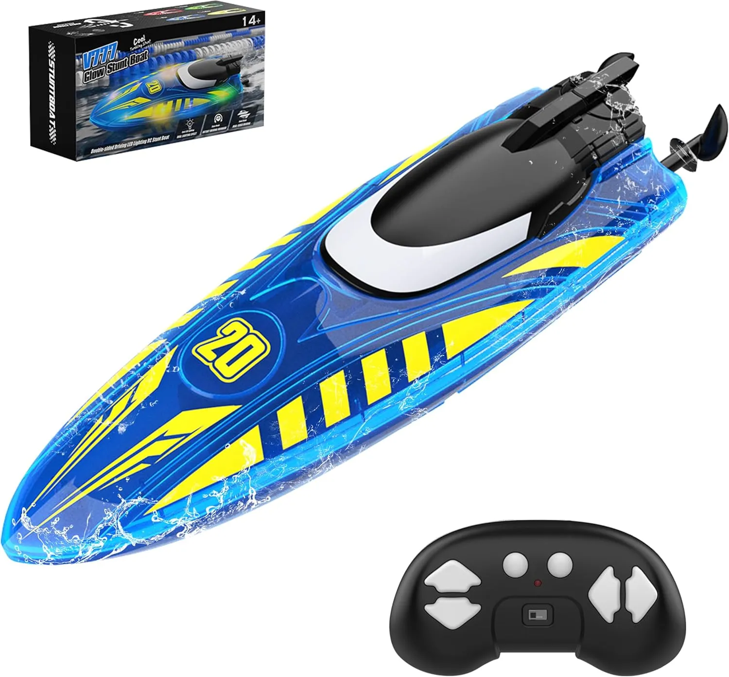 Remote Control Boat for Kids, RC Boats with Led Lights 2.4G RC Electric Speed 2 Rechargeable Batteries Whole Body Waterproof for Pools Lakes River & Bathtub Blue