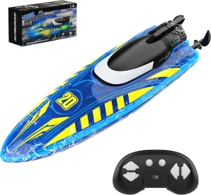 Remote Control Boat for Kids, RC Boats with Led Lights 2.4G RC Electric Speed 2 Rechargeable Batteries Whole Body Waterproof for Pools Lakes River & Bathtub Blue