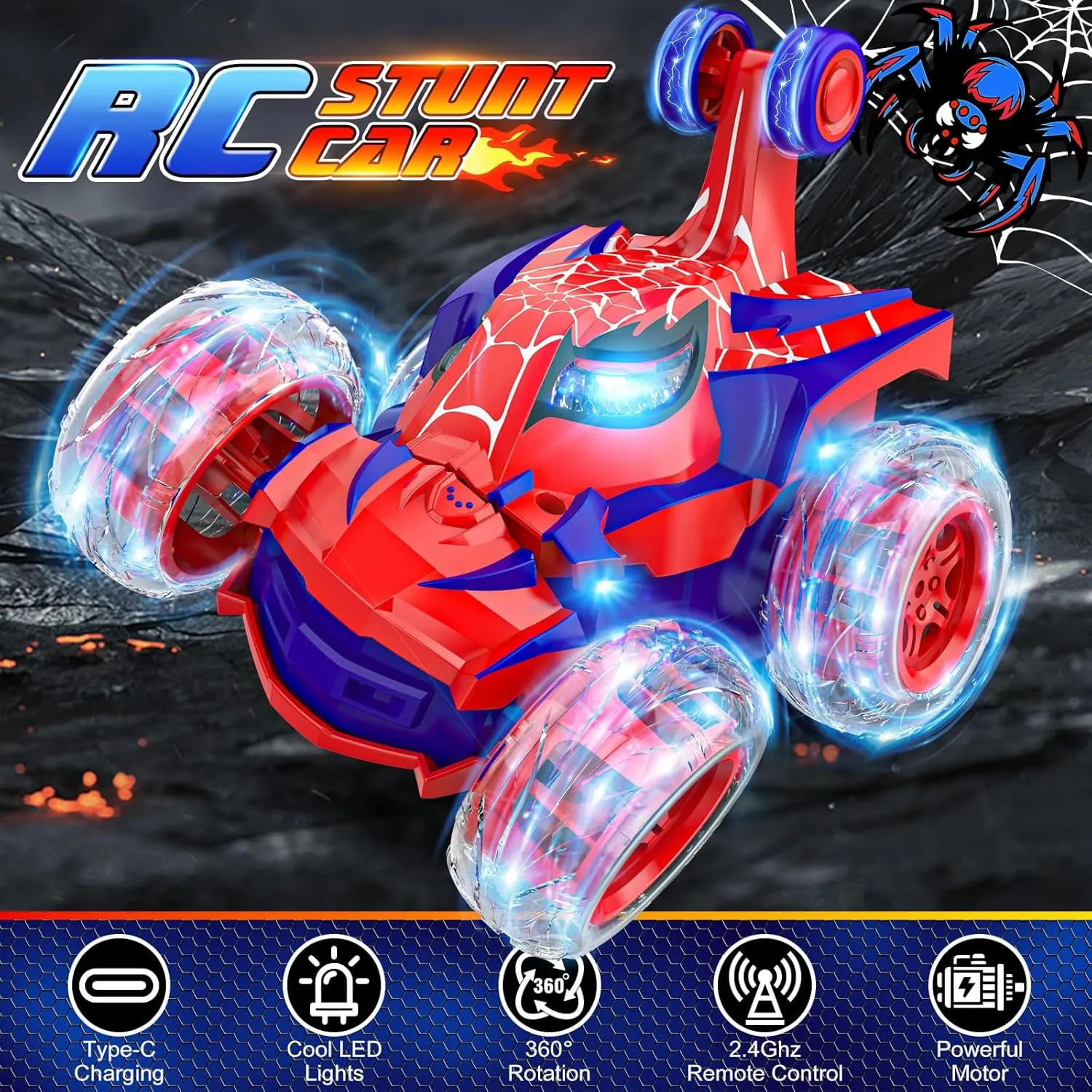 Remote Control Car Stunt RC Cars 360° Rotating with 2.4GHz Rechargeable Wheel Lights Toys Car Gift for Boys 3 4 5 6 7 8 9 10 11 12 (Red)