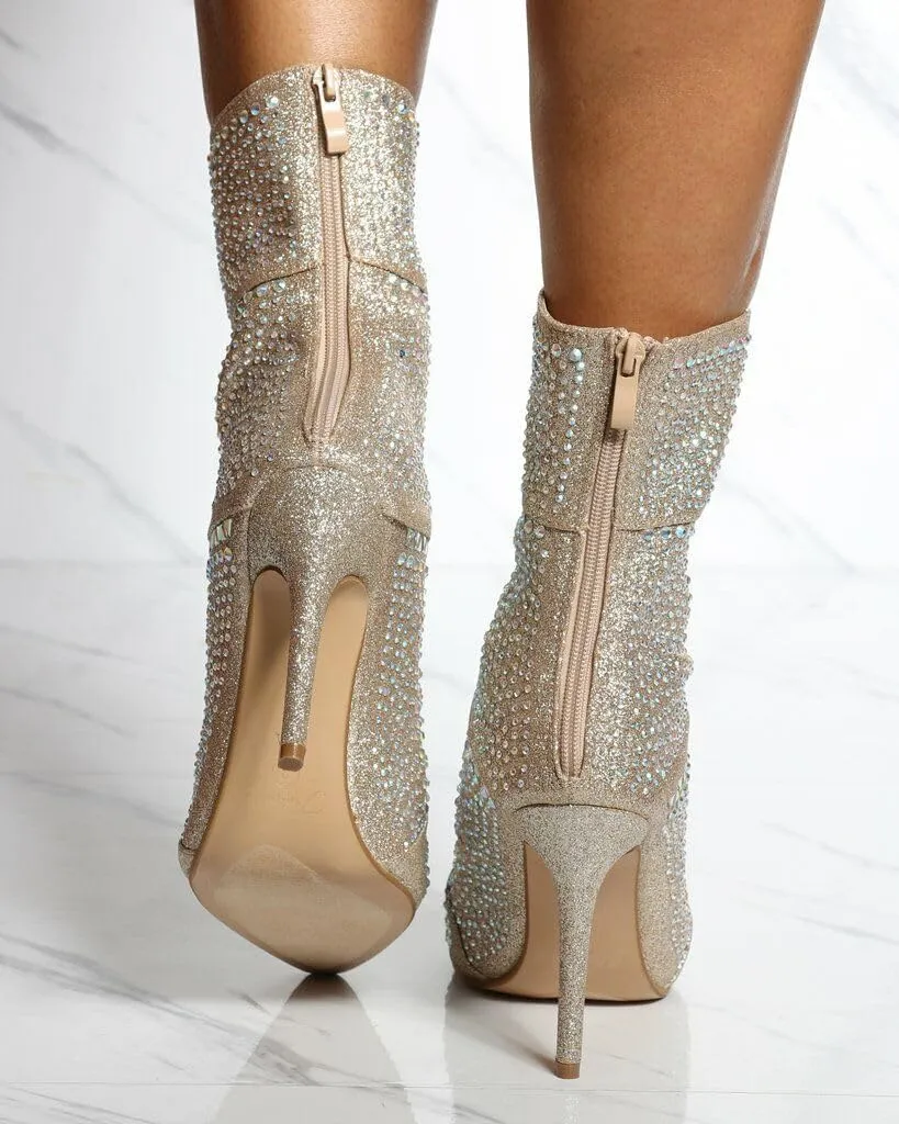 Rhinestone Studded Stiletto Bootie- Womens Crystal Ankle Fashion Boot