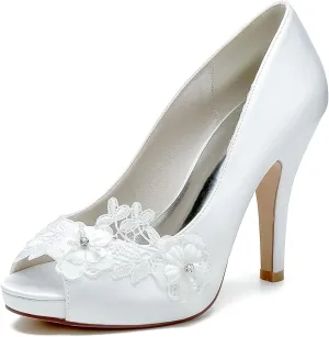 Roimaash Elegant Flower Wedding Pumps Platform Peep Toe Embroidery Lace