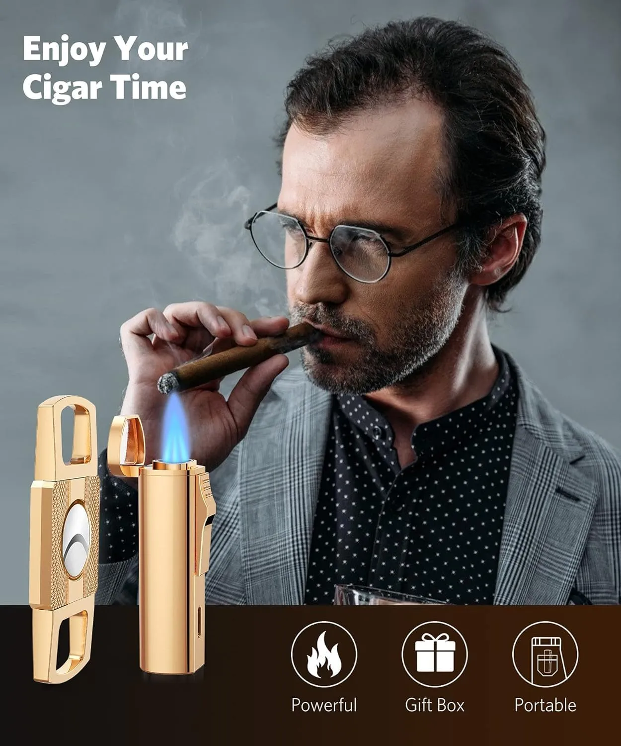 RONXS Cigar Lighter and Cutter Set, Adjustable Jet Flame Torch Lighter and Cigar Cutter, Windproof Cigarette Lighters, Great Gift Idea for Father's Day and Birthday (Butane Gas Not Included) (Gold)