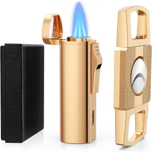 RONXS Cigar Lighter and Cutter Set, Adjustable Jet Flame Torch Lighter and Cigar Cutter, Windproof Cigarette Lighters, Great Gift Idea for Father's Day and Birthday (Butane Gas Not Included) (Gold)