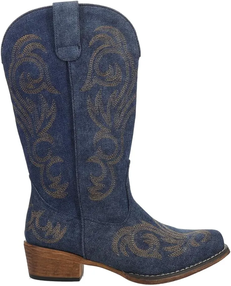 ROPER Womens Riley Denim Embroidered Snip Toe Casual Boots Mid Calf Low Heel 1-2" - Blue