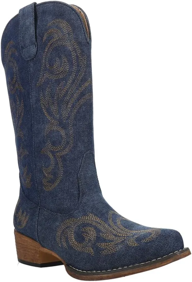 ROPER Womens Riley Denim Embroidered Snip Toe Casual Boots Mid Calf Low Heel 1-2" - Blue