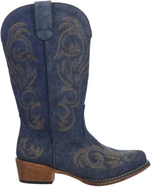 ROPER Womens Riley Denim Embroidered Snip Toe Casual Boots Mid Calf Low Heel 1-2" - Blue